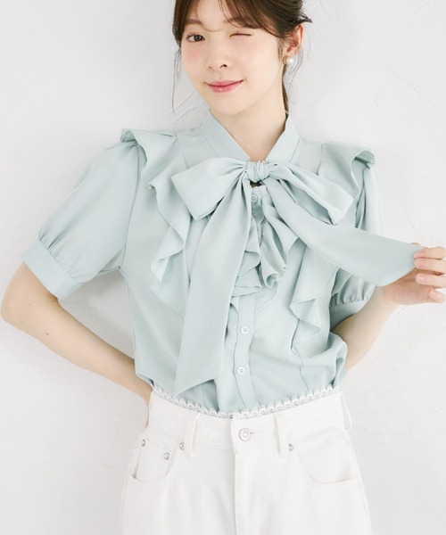 tocco closet（トッコ　クローゼット）の「【ZOZO限定】ラッフルフリル半袖ボウタイブラウス（シャツ/ブラウス・レディース・オフホワイト/グレー/ミント/ネイビー・M）」の3枚目の写真