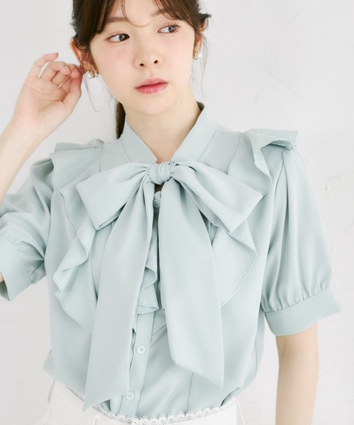 tocco closet（トッコ　クローゼット）の「【ZOZO限定】ラッフルフリル半袖ボウタイブラウス（シャツ/ブラウス・レディース・オフホワイト/グレー/ミント/ネイビー・M）」の5枚目の写真
