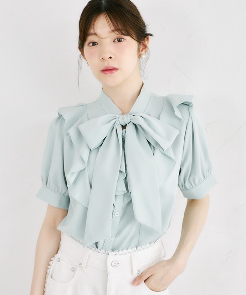 tocco closet（トッコ　クローゼット）の「【ZOZO限定】ラッフルフリル半袖ボウタイブラウス（シャツ/ブラウス・レディース・オフホワイト/グレー/ミント/ネイビー・M）」の6枚目の写真