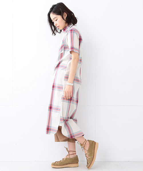 BEAMS BOY（ビームスボーイ）の「BEAMS BOY / ボーイ ビッグタータンチェック 半袖シャツワンピース（ワンピース・レディース・ナチュラル/サックスブルー/ネイビー・ONE SIZE）」の9枚目の写真