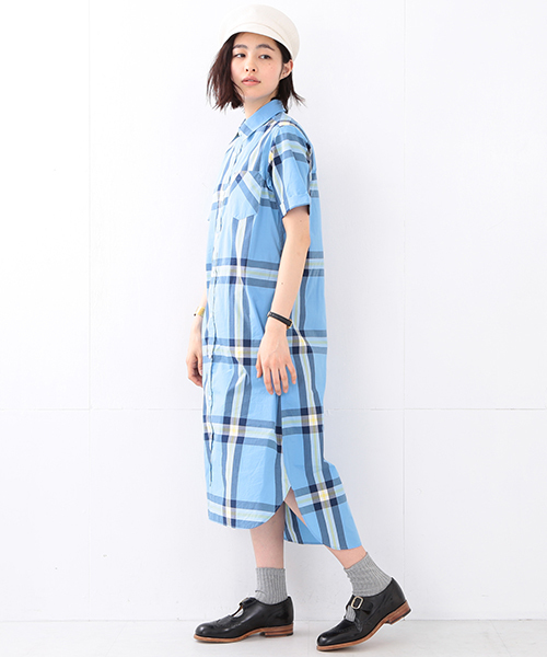 BEAMS BOY（ビームスボーイ）の「BEAMS BOY / ボーイ ビッグタータンチェック 半袖シャツワンピース（ワンピース・レディース・ナチュラル/サックスブルー/ネイビー・ONE SIZE）」の19枚目の写真