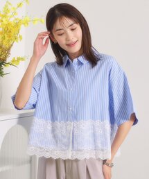 【手洗い可】裾レース5分袖シャツ