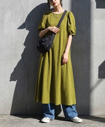 Aライン 綿麻 パフスリーブ ワンピース