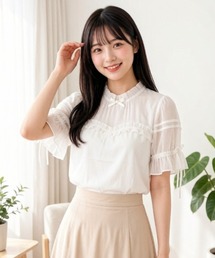 【Y2Kガーリー】レースフリル×リボン メッシュ切替 半袖Tシャツ(単品/レイヤード両用)