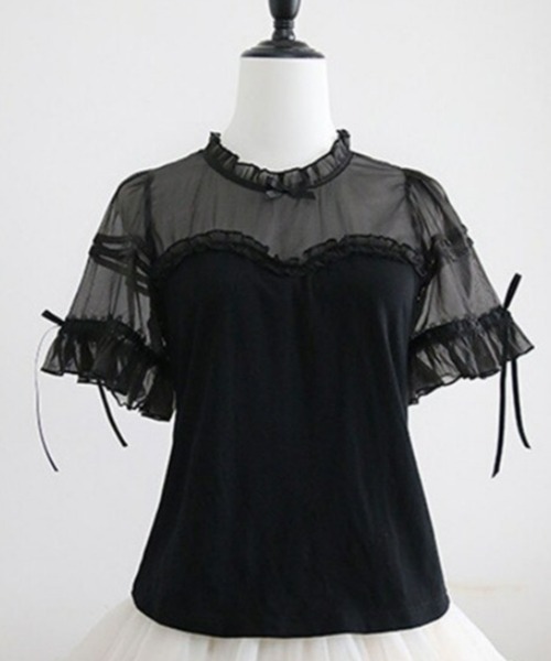 gossip!ロサンゼルス(ゴシップロサンゼルス)の「【Y2Kガーリー】レースフリル×リボン メッシュ切替 半袖Tシャツ(単品/レイヤード両用)(Tシャツ/カットソー・レディース・ブラック/ホワイト・M)」の14枚目の写真
