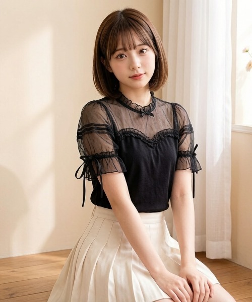 gossip!ロサンゼルス(ゴシップロサンゼルス)の「【Y2Kガーリー】レースフリル×リボン メッシュ切替 半袖Tシャツ(単品/レイヤード両用)(Tシャツ/カットソー・レディース・ブラック/ホワイト・M)」の7枚目の写真