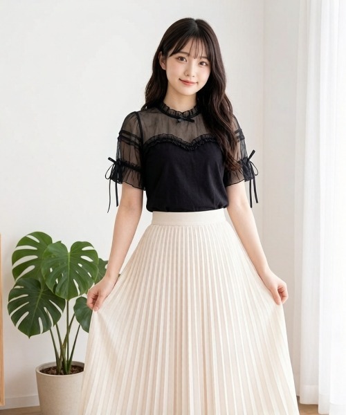 gossip!ロサンゼルス(ゴシップロサンゼルス)の「【Y2Kガーリー】レースフリル×リボン メッシュ切替 半袖Tシャツ(単品/レイヤード両用)(Tシャツ/カットソー・レディース・ブラック/ホワイト・M)」の8枚目の写真