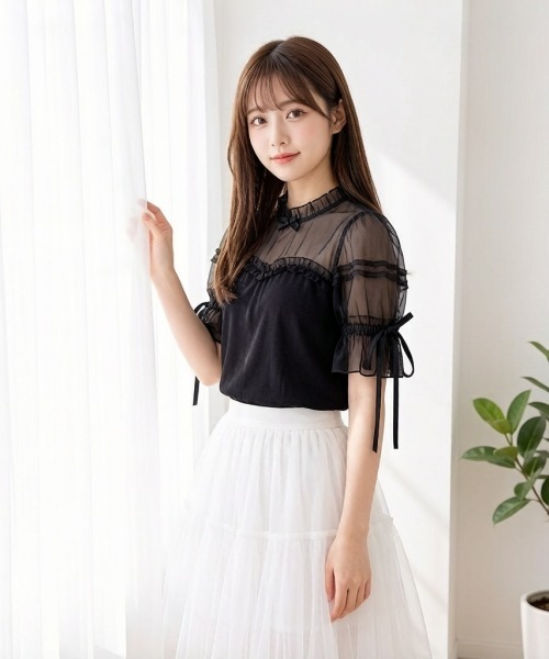 gossip!ロサンゼルス(ゴシップロサンゼルス)の「【Y2Kガーリー】レースフリル×リボン メッシュ切替 半袖Tシャツ(単品/レイヤード両用)(Tシャツ/カットソー・レディース・ブラック/ホワイト・M)」の9枚目の写真