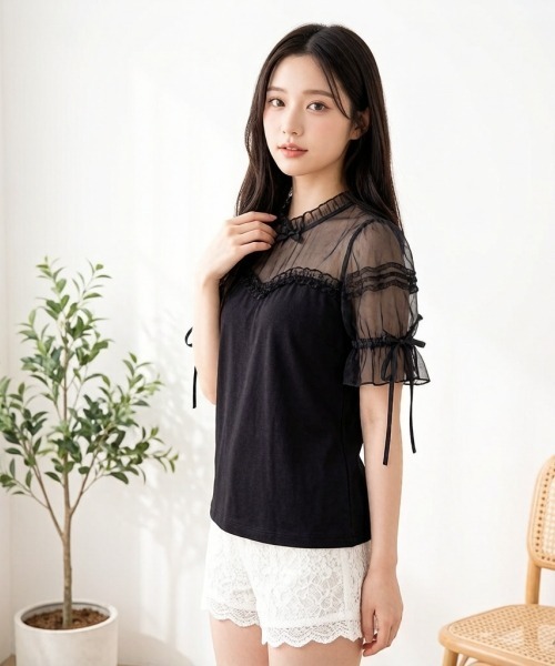 gossip!ロサンゼルス(ゴシップロサンゼルス)の「【Y2Kガーリー】レースフリル×リボン メッシュ切替 半袖Tシャツ(単品/レイヤード両用)(Tシャツ/カットソー・レディース・ブラック/ホワイト・M)」の10枚目の写真