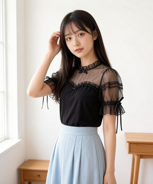 gossip!ロサンゼルス(ゴシップロサンゼルス)の「【Y2Kガーリー】レースフリル×リボン メッシュ切替 半袖Tシャツ(単品/レイヤード両用)(Tシャツ/カットソー・レディース・ブラック/ホワイト・M)」の11枚目の写真