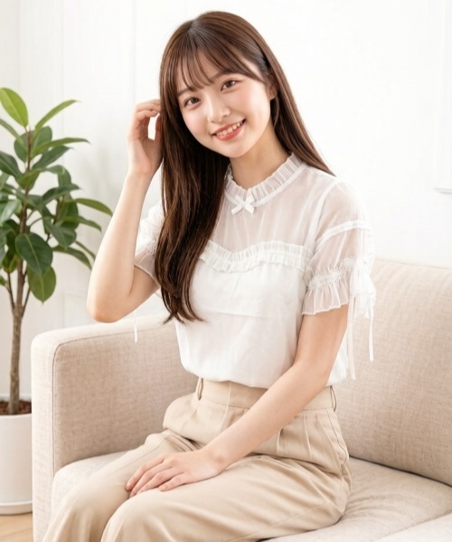 gossip!ロサンゼルス(ゴシップロサンゼルス)の「【Y2Kガーリー】レースフリル×リボン メッシュ切替 半袖Tシャツ(単品/レイヤード両用)(Tシャツ/カットソー・レディース・ブラック/ホワイト・M)」の20枚目の写真