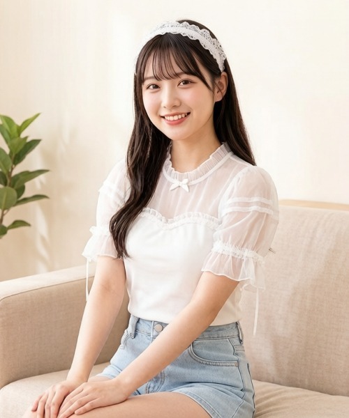 gossip!ロサンゼルス(ゴシップロサンゼルス)の「【Y2Kガーリー】レースフリル×リボン メッシュ切替 半袖Tシャツ(単品/レイヤード両用)(Tシャツ/カットソー・レディース・ブラック/ホワイト・M)」の21枚目の写真