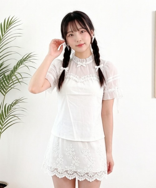 gossip!ロサンゼルス(ゴシップロサンゼルス)の「【Y2Kガーリー】レースフリル×リボン メッシュ切替 半袖Tシャツ(単品/レイヤード両用)(Tシャツ/カットソー・レディース・ブラック/ホワイト・M)」の22枚目の写真