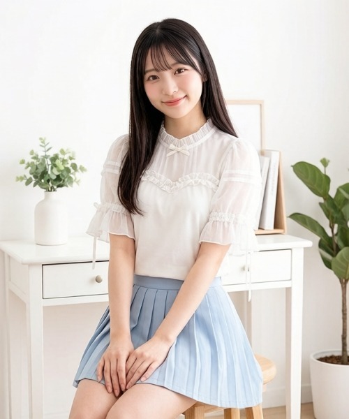 gossip!ロサンゼルス(ゴシップロサンゼルス)の「【Y2Kガーリー】レースフリル×リボン メッシュ切替 半袖Tシャツ(単品/レイヤード両用)(Tシャツ/カットソー・レディース・ブラック/ホワイト・M)」の16枚目の写真