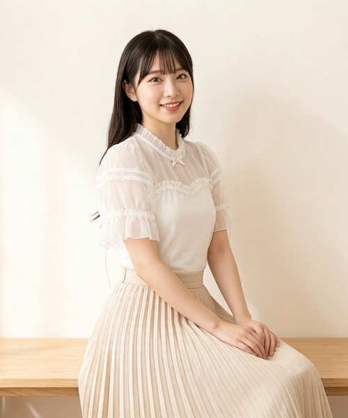 gossip!ロサンゼルス(ゴシップロサンゼルス)の「【Y2Kガーリー】レースフリル×リボン メッシュ切替 半袖Tシャツ(単品/レイヤード両用)(Tシャツ/カットソー・レディース・ブラック/ホワイト・M)」の17枚目の写真