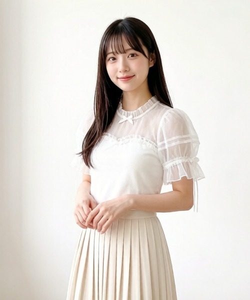 gossip!ロサンゼルス(ゴシップロサンゼルス)の「【Y2Kガーリー】レースフリル×リボン メッシュ切替 半袖Tシャツ(単品/レイヤード両用)(Tシャツ/カットソー・レディース・ブラック/ホワイト・M)」の18枚目の写真