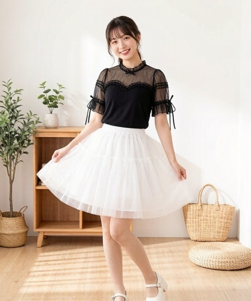 gossip!ロサンゼルス(ゴシップロサンゼルス)の「【Y2Kガーリー】レースフリル×リボン メッシュ切替 半袖Tシャツ(単品/レイヤード両用)(Tシャツ/カットソー・レディース・ブラック/ホワイト・M)」の3枚目の写真