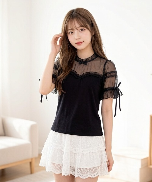 gossip!ロサンゼルス(ゴシップロサンゼルス)の「【Y2Kガーリー】レースフリル×リボン メッシュ切替 半袖Tシャツ(単品/レイヤード両用)(Tシャツ/カットソー・レディース・ブラック/ホワイト・M)」の4枚目の写真