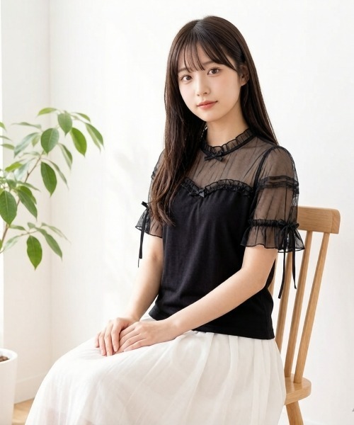 gossip!ロサンゼルス(ゴシップロサンゼルス)の「【Y2Kガーリー】レースフリル×リボン メッシュ切替 半袖Tシャツ(単品/レイヤード両用)(Tシャツ/カットソー・レディース・ブラック/ホワイト・M)」の5枚目の写真