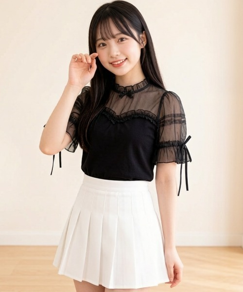 gossip!ロサンゼルス(ゴシップロサンゼルス)の「【Y2Kガーリー】レースフリル×リボン メッシュ切替 半袖Tシャツ(単品/レイヤード両用)(Tシャツ/カットソー・レディース・ブラック/ホワイト・M)」の6枚目の写真