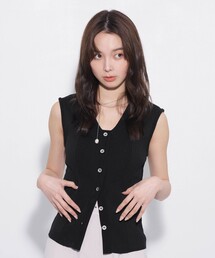 【洗えて涼しい!】Vネックボタンノースリーブニット|夏服/ウォッシャブル/細見え/大人カジュアル/スタイルアップ/ストレッチ