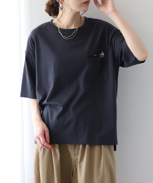 FUNALIVE(ファンアライブ)の「ねころびネコ刺繍ポケットTシャツ 半端袖(Tシャツ/カットソー・レディース・オートミール/ネイビー×ホワイト/チャコールグレー・M/L)」の6枚目の写真