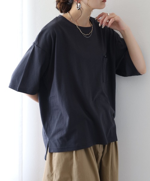 FUNALIVE(ファンアライブ)の「ねころびネコ刺繍ポケットTシャツ 半端袖(Tシャツ/カットソー・レディース・オートミール/ネイビー×ホワイト/チャコールグレー・M/L)」の7枚目の写真