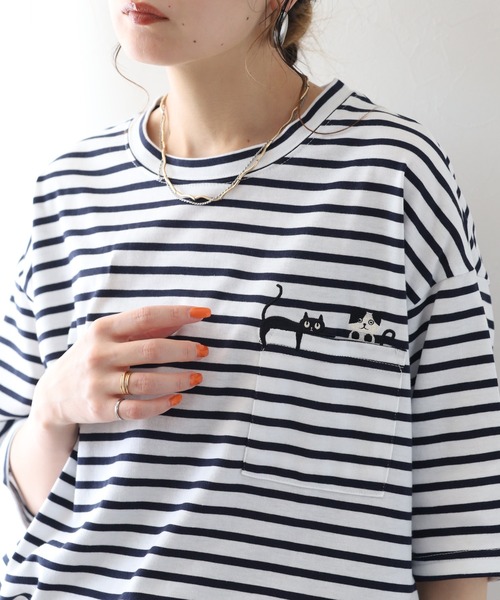 FUNALIVE(ファンアライブ)の「ねころびネコ刺繍ポケットTシャツ 半端袖(Tシャツ/カットソー・レディース・オートミール/ネイビー×ホワイト/チャコールグレー・M/L)」の16枚目の写真