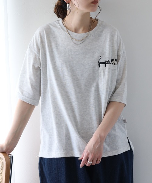 FUNALIVE(ファンアライブ)の「ねころびネコ刺繍ポケットTシャツ 半端袖(Tシャツ/カットソー・レディース・オートミール/ネイビー×ホワイト/チャコールグレー・M/L)」の12枚目の写真