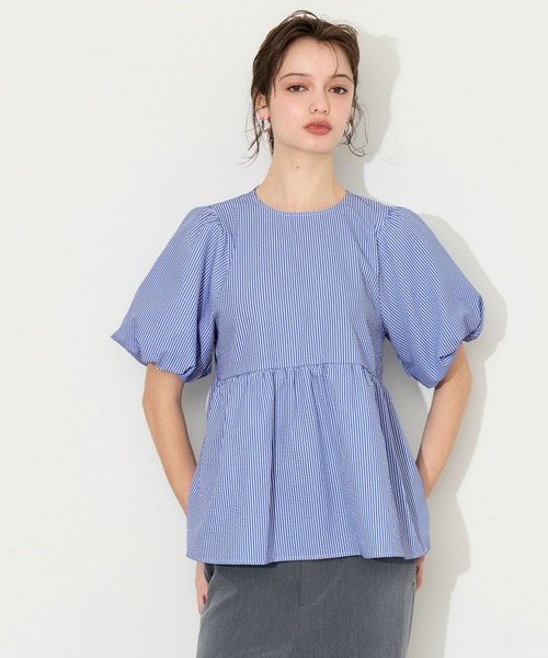 coca(coca)(コカ)の「サッカーストライプバックリボンブラウス(シャツ/ブラウス・レディース・ベージュ/ブルー・L/M/S)」の3枚目の写真