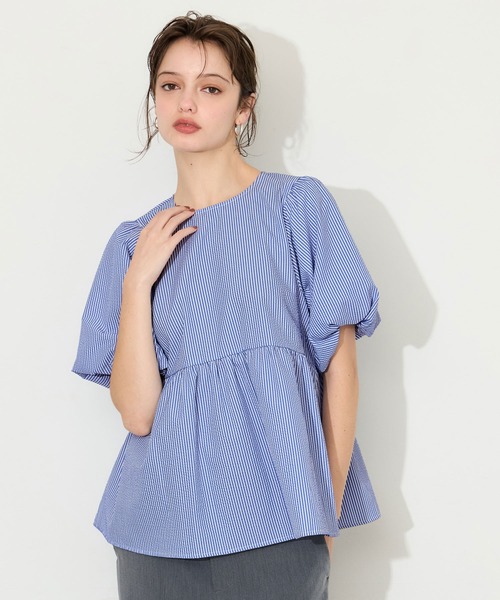 coca(coca)(コカ)の「サッカーストライプバックリボンブラウス(シャツ/ブラウス・レディース・ベージュ/ブルー・L/M/S)」の6枚目の写真