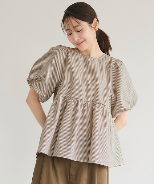 coca(coca)(コカ)の「サッカーストライプバックリボンブラウス(シャツ/ブラウス・レディース・ベージュ/ブルー・L/M/S)」の9枚目の写真