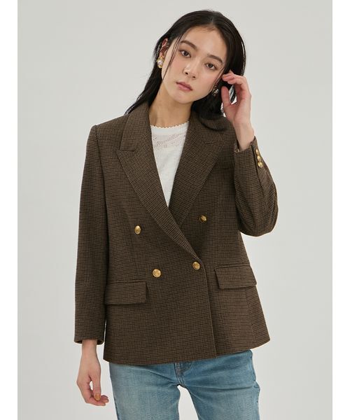 Mila Owen(ミラオーウェン)の「金釦ダブルブレストチェックブレザー(テーラードジャケット・レディース・ブラウン/ベージュ・F)」の1枚目の写真