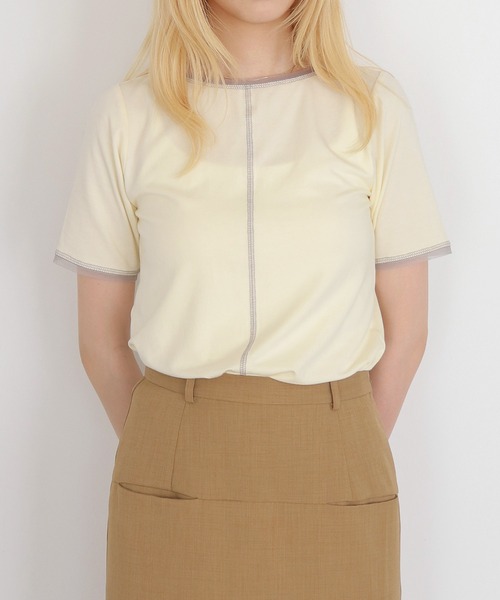 CLEIO(クレイオ)の「【CLEIO】配色ステッチ シアーTシャツ CONTRAST STITCH SHEER T-SHIRT(Tシャツ/カットソー・レディース・ブルー/ブラウン/ブラック/アイボリー・FREE)」の2枚目の写真