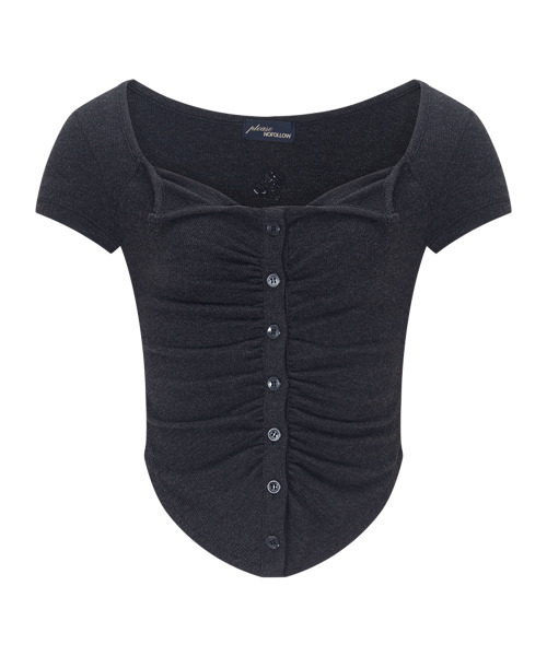 PLEASENOFOLLOW(プリーズノーフォロー)の「Kaya Button Shirring Short Sleeve Top (Melange Black)(Tシャツ/カットソー・レディース・その他・FREE)」の2枚目の写真