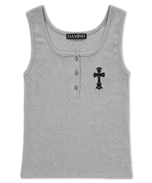 DAMISH（ダミシュ）の「ゴシッククロス刺繍ボタンタンクトップ_グレー（Tシャツ/カットソー・レディース・グレー・OS）」の2枚目の写真