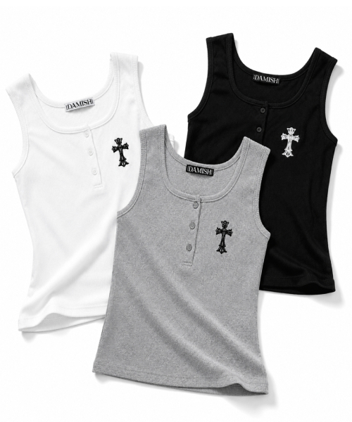 DAMISH（ダミシュ）の「ゴシッククロス刺繍ボタンタンクトップ_グレー（Tシャツ/カットソー・レディース・グレー・OS）」の4枚目の写真