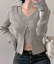 ホルターネックレイヤード風リブニットカーディガン