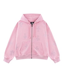 ジップフーディ｜Pink Allover Cross Rhinestone Zip Hoodie｜Unknown London