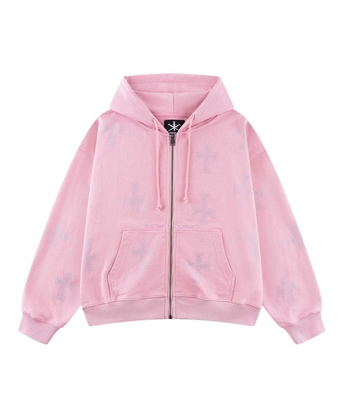 UNKNOWN LONDON(アンノウン・ロンドン)の「ジップフーディ|Pink Allover Cross Rhinestone Zip Hoodie|Unknown London(パーカー・メンズ・ピンク・X-LARGE/LARGE/MEDIUM)」の1枚目の写真