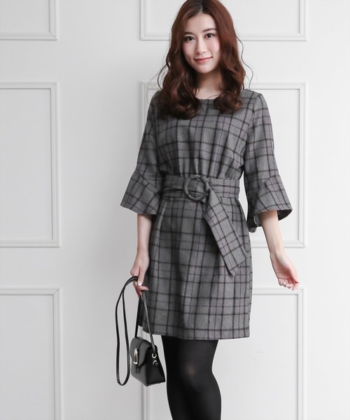 Clear クリア の 袖フリル起毛チェック柄ワンピース ワンピース Wear