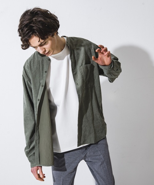 MYSELF ABAHOUSE（マイセルフアバハウス）の「【MYSELF ABAHOUSE】ネオスウェード ピーチ起毛 ノーカラー シャツ（シャツ/ブラウス・メンズ・ブルー/ベージュ/ライム/ネイビー/ピンクベージュ・44/46/48）」の2枚目の写真