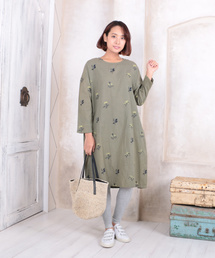 綿麻ボタニカル刺繍ワンピース【大きいサイズ対応】【9号(M)～15号(3L)】