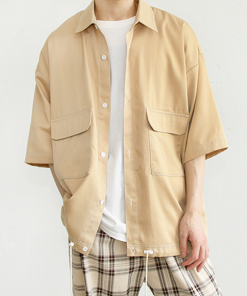 PairPair(ペアペア)の「配色ステッチポケット付きドロストビッグシャツ(シャツ/ブラウス・メンズ・ブラック/ベージュ・FREE)」の1枚目の写真