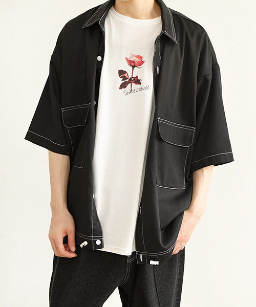 PairPair(ペアペア)の「配色ステッチポケット付きドロストビッグシャツ(シャツ/ブラウス・メンズ・ブラック/ベージュ・FREE)」の10枚目の写真