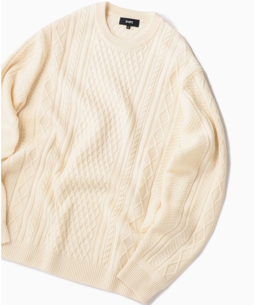 SHIPS（シップス）の「SC: WOOLMARK ミドルゲージ ランダム/アラン クルーネック ニット（ニット/セーター・メンズ・ブルー/グリーン/カーキ/グレー/ネイビー/ブラック/ホワイト・SMALL/MEDIUM/LARGE/X-LARGE）」の2枚目の写真