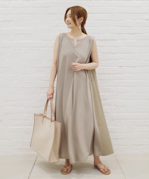 DouDou（ドゥドゥ）の「異素材切替フレアワンピース（ワンピース・レディース・ブラック/オフホワイト/グレイッシュベージュ・FREE）」の5枚目の写真