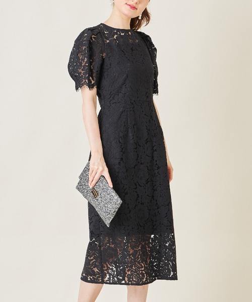 tocco closet(トッコ クローゼット)の「スカラップ×りぼん装飾パフスリーブ総レースワンピース(ワンピース・レディース・ベージュ/ブラック・M)」の2枚目の写真