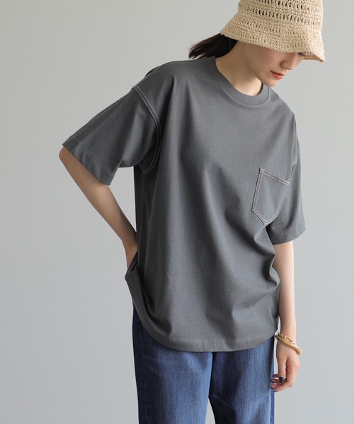 AMERICAN HOLIC(アメリカンホリック)の「BIG配色ステッチポケット付きカットプルオーバー *(Tシャツ/カットソー・レディース・ブルー/オフホワイト/チャコールグレー・FREE)」の2枚目の写真