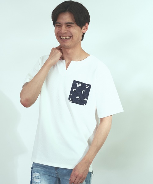 Blue Standard (ブルースタンダード)の「【BLUE STANDARD】速乾 制菌 防臭 快適 シワになりにくい ドライワッフルポケTシャツ(Tシャツ/カットソー・メンズ・ホワイト/オフホワイト/ブルー系その他/ネイビー・LARGE/MEDIUM/X-LARGE)」の1枚目の写真